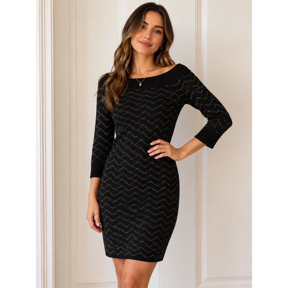 White House Black Market Black Silver Metallic Chevron Sweater Dress M